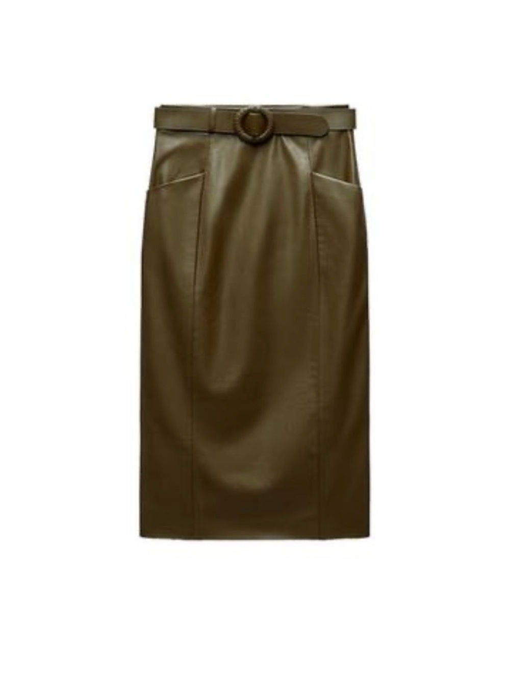 Zara Olive Green Faux Leather Midi Skirt with Belt Sz Medium. NWOT